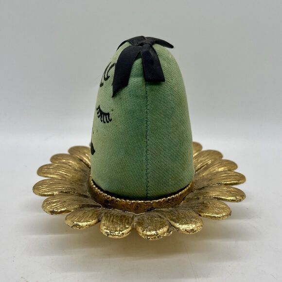 Vintage Brass Pin Cushion Sunflower Lady Head Velvet - Picture 3 of 7